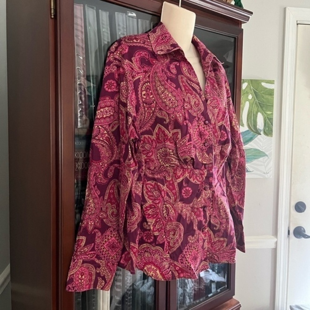 Jones New York Signature Woman Button Down Blouse 2X Pink Paisley Pattern Shirt - Picture 2 of 15